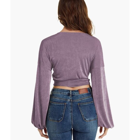 Purple Glitter Knit Tie Front Belted V-Neck Long Sleeve Bishop Wrap Sweater‎ Top - Picture 6 of 6